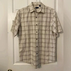Arrow Men’s Cotton Blend Short Sleeve Tan White Plaid Button Down Pocket Size‎ M